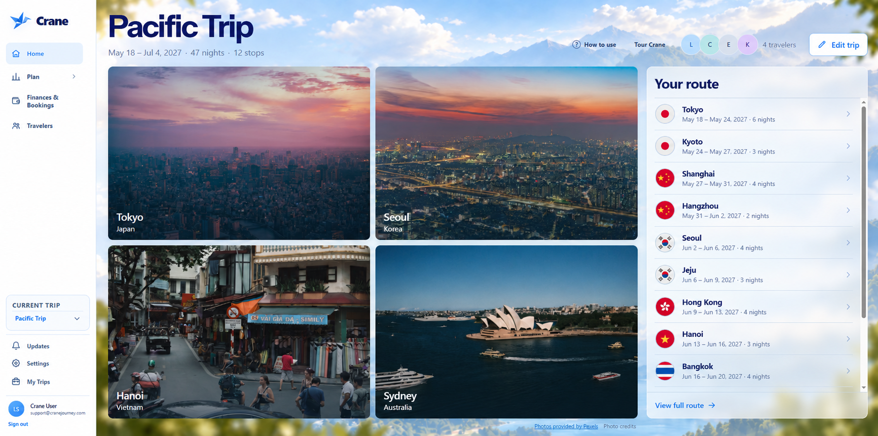 Crane Home showing a Pacific trip with destination photos and a twelve-stop route